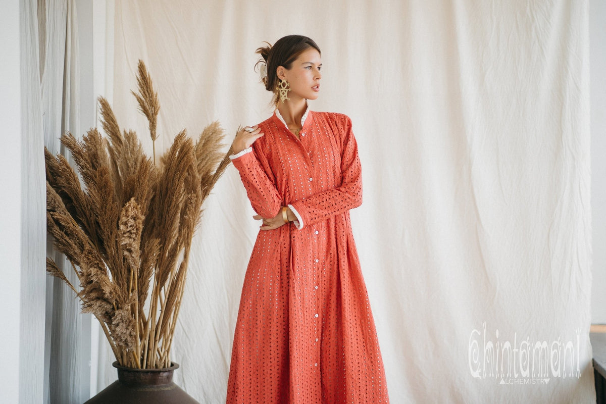 Certified Organic Cotton Maxi Shirt Dress / Coral Rose - ChintamaniAlchemi