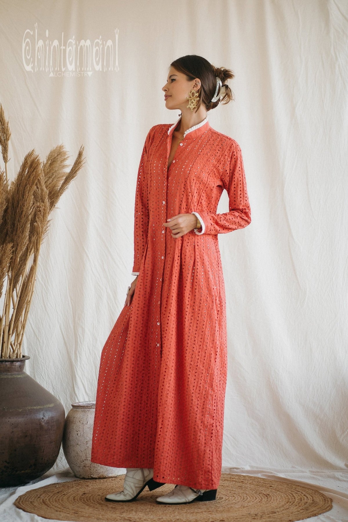 Certified Organic Cotton Maxi Shirt Dress / Coral Rose - ChintamaniAlchemi