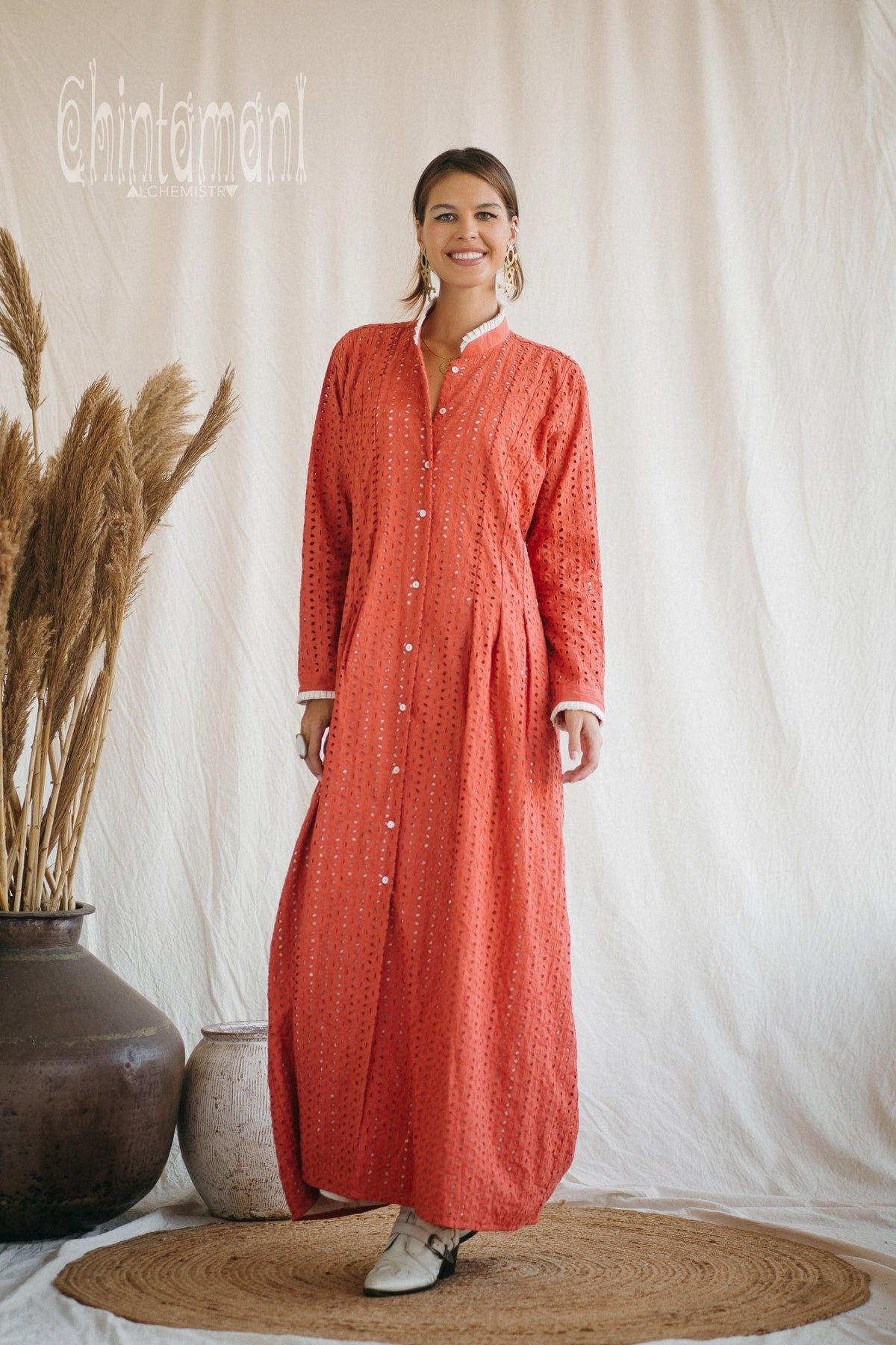 Certified Organic Cotton Maxi Shirt Dress / Coral Rose - ChintamaniAlchemi