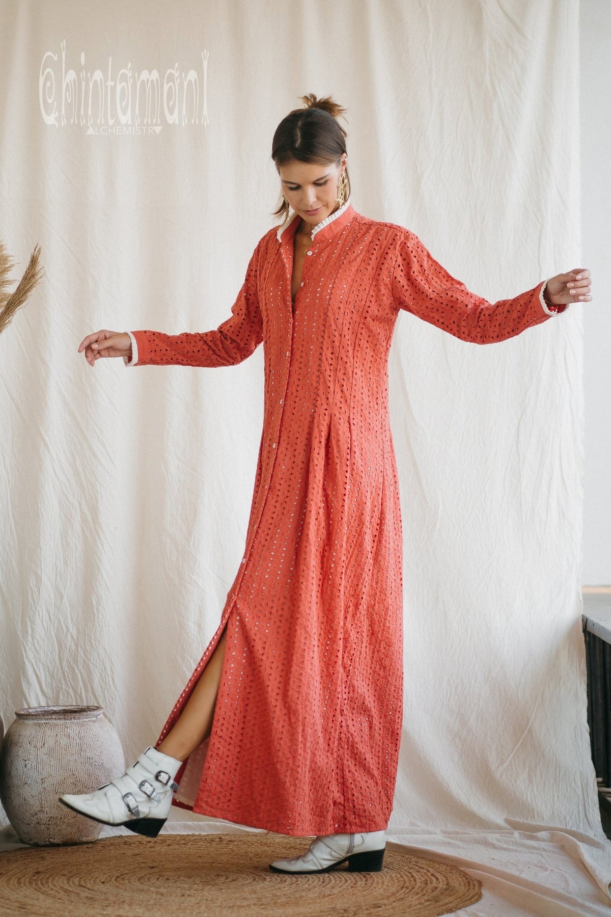 Certified Organic Cotton Maxi Shirt Dress / Coral Rose - ChintamaniAlchemi