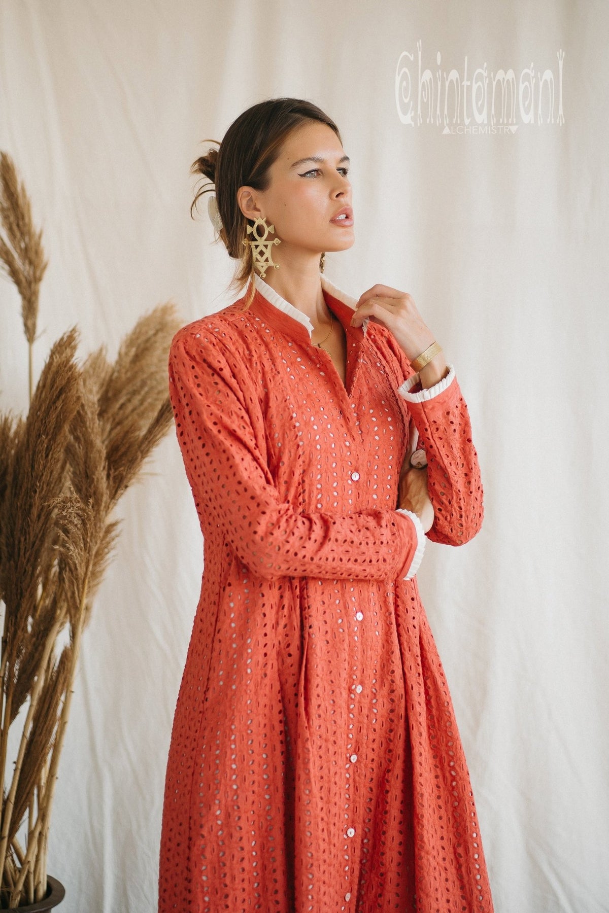 Certified Organic Cotton Maxi Shirt Dress / Coral Rose - ChintamaniAlchemi