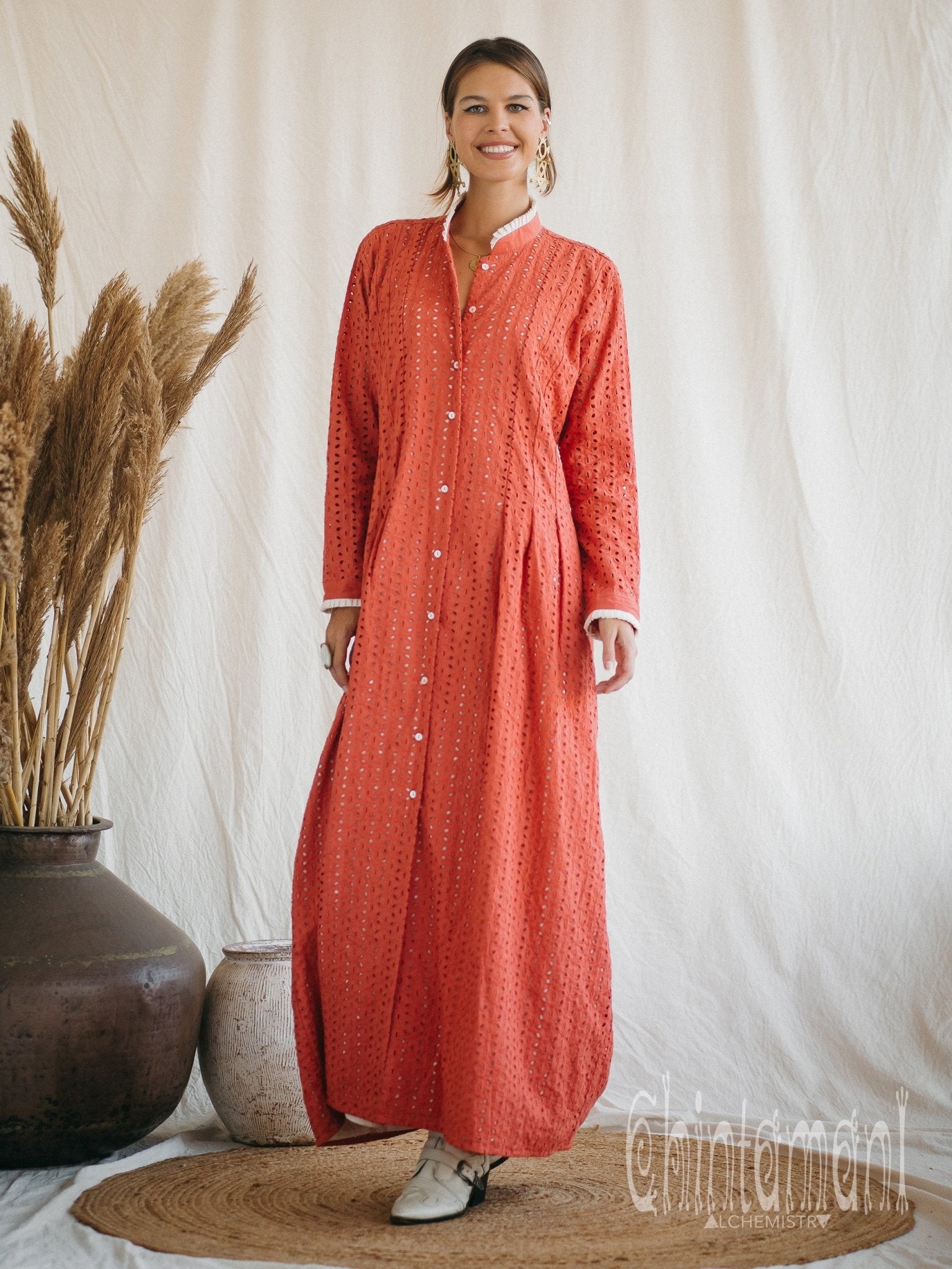 Certified Organic Cotton Maxi Shirt Dress / Coral Rose - ChintamaniAlchemi