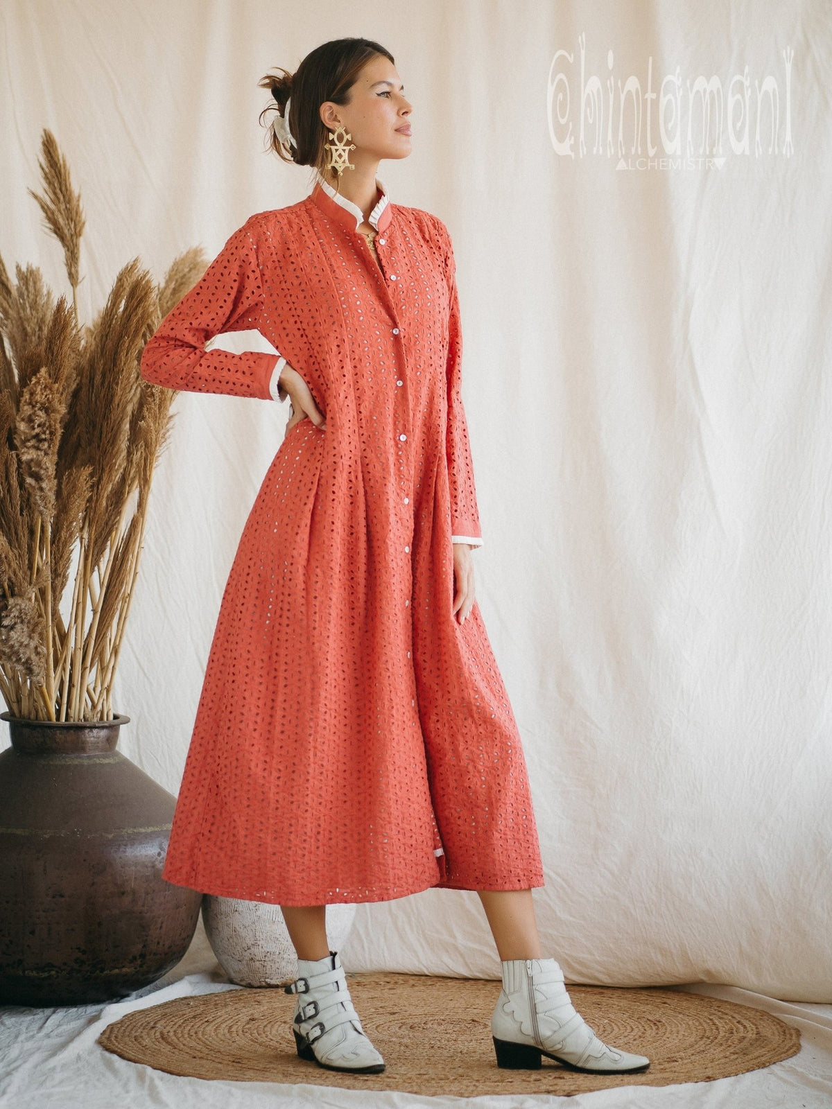 Certified Organic Cotton Midi Dress with Flower Eyelets / Coral Rose - ChintamaniAlchemi