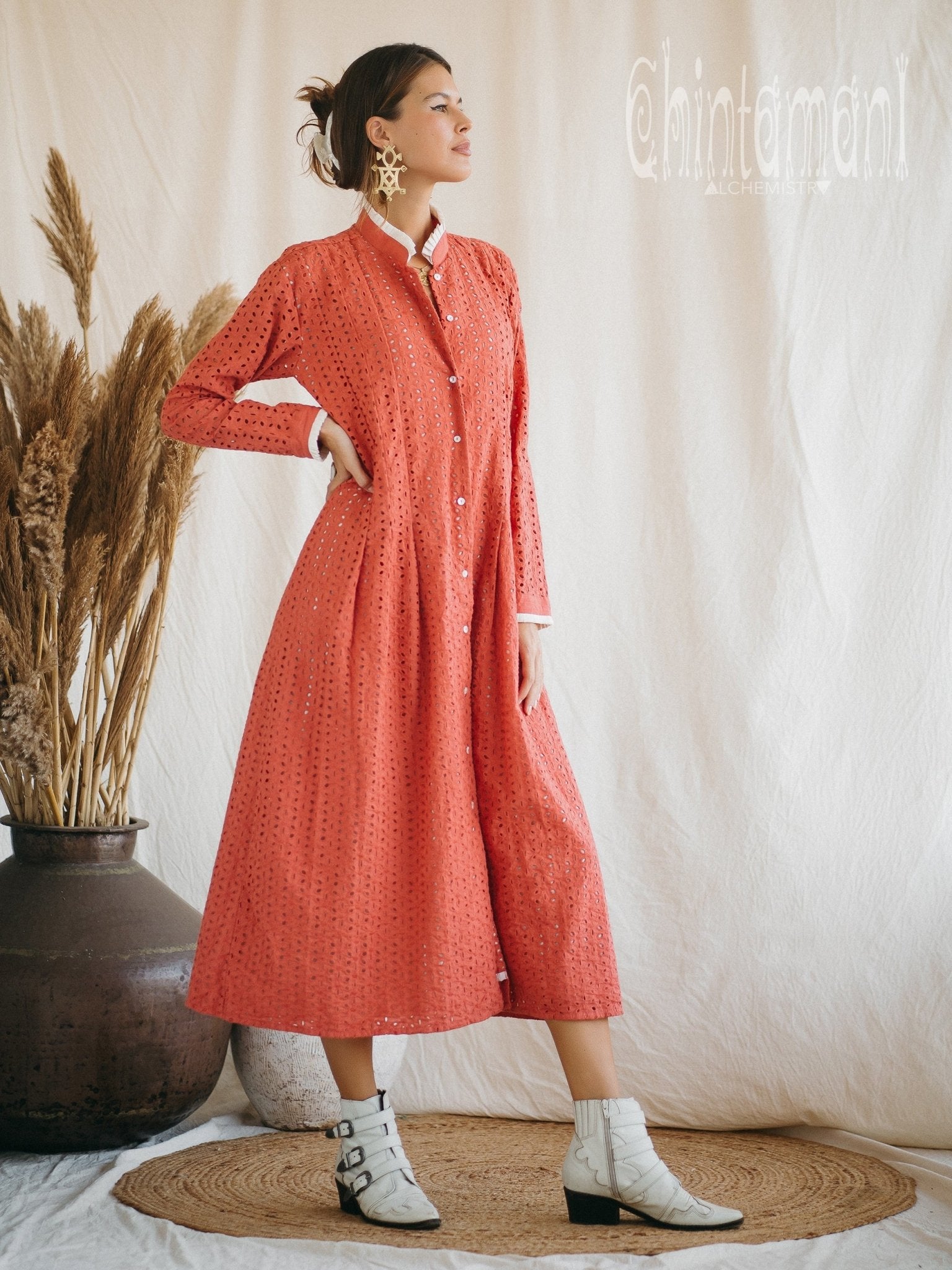 Certified Organic Cotton Midi Dress with Flower Eyelets / Coral Rose - ChintamaniAlchemi