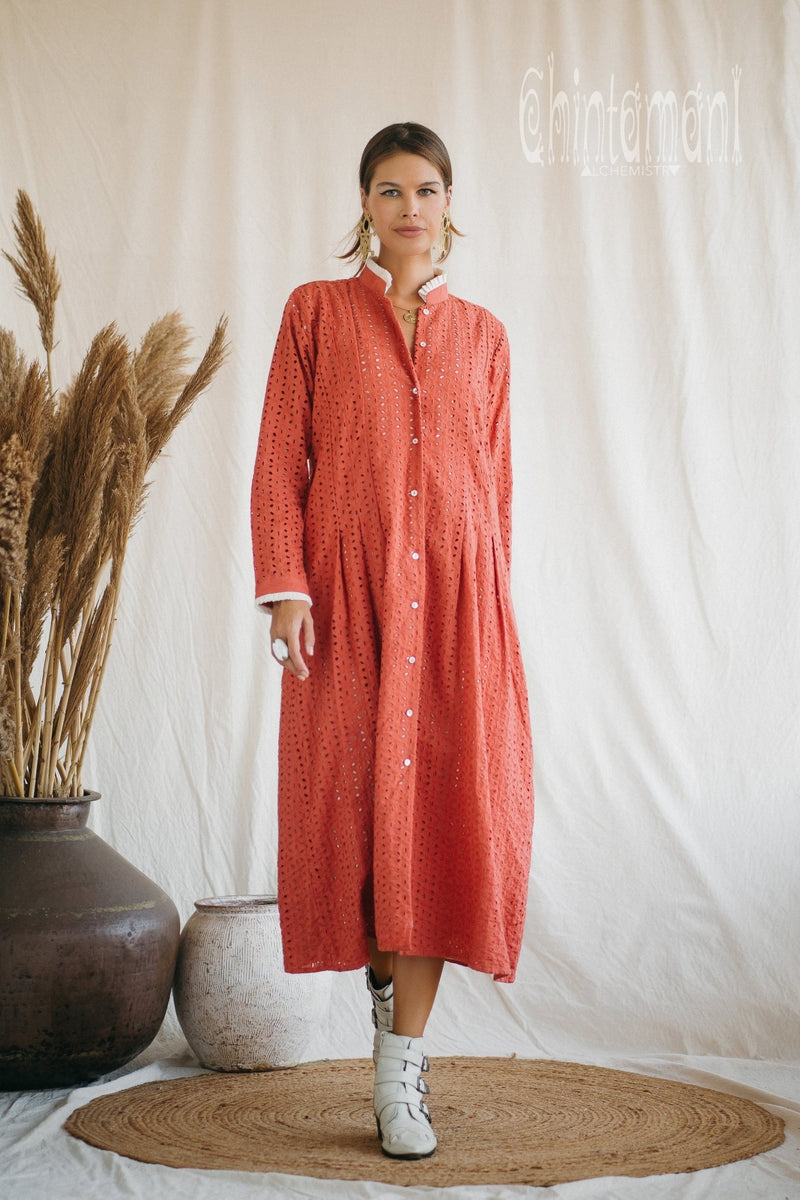Certified Organic Cotton Midi Dress with Flower Eyelets / Coral Rose - ChintamaniAlchemi