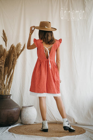 Certified Organic Cotton Mini Dress with Flower Eyelets / Coral Rose - ChintamaniAlchemi