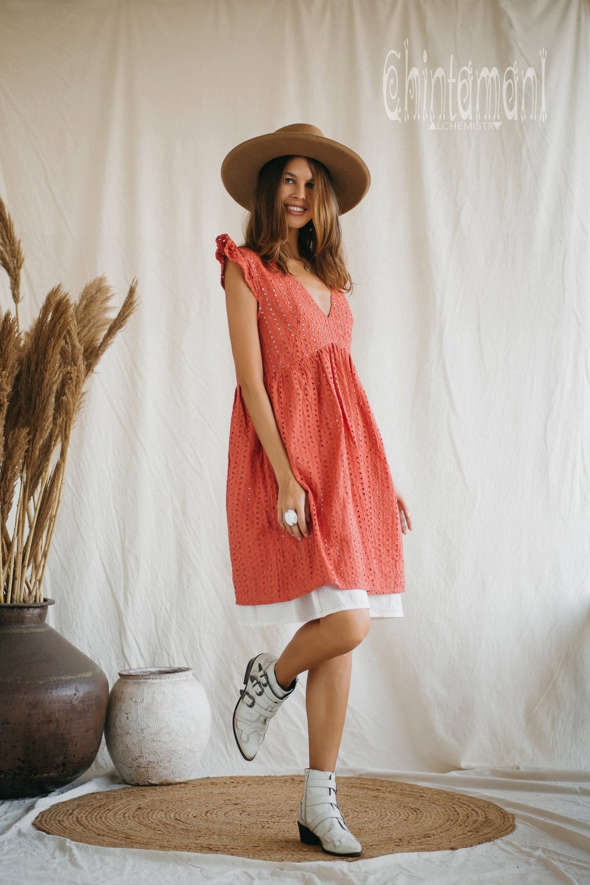 Certified Organic Cotton Mini Dress with Flower Eyelets / Coral Rose - ChintamaniAlchemi