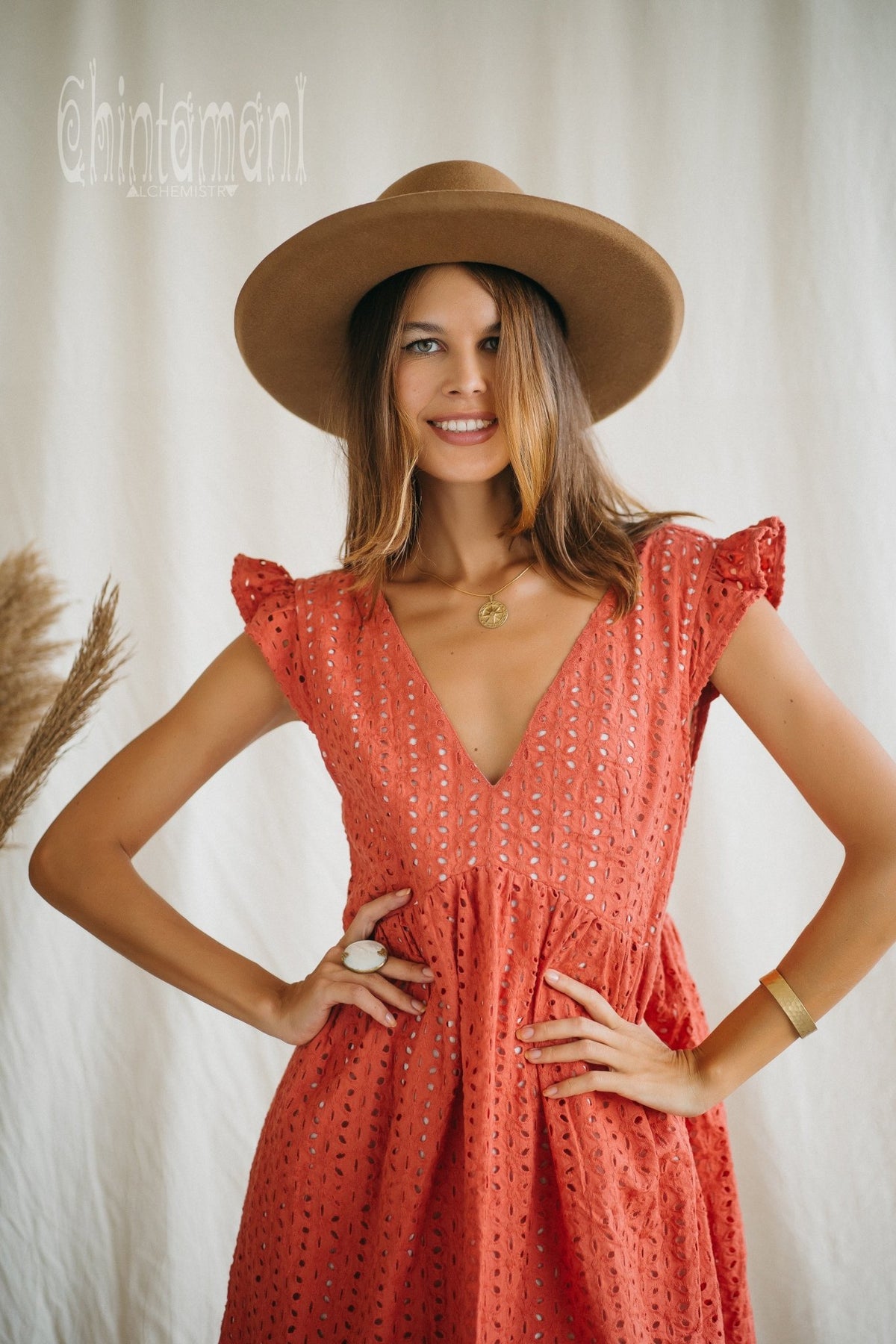 Certified Organic Cotton Mini Dress with Flower Eyelets / Coral Rose - ChintamaniAlchemi