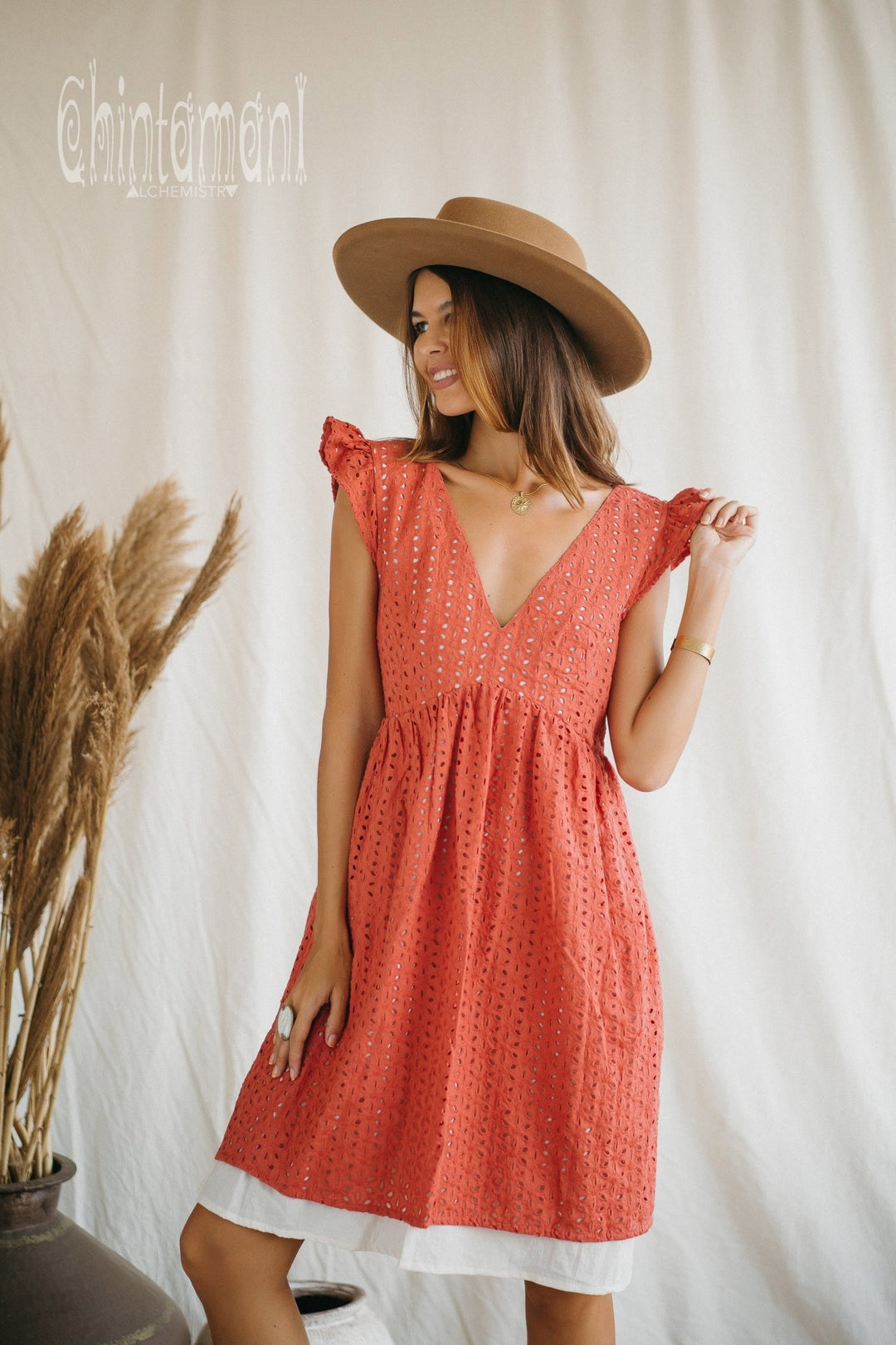 Certified Organic Cotton Mini Dress with Flower Eyelets / Coral Rose - ChintamaniAlchemi