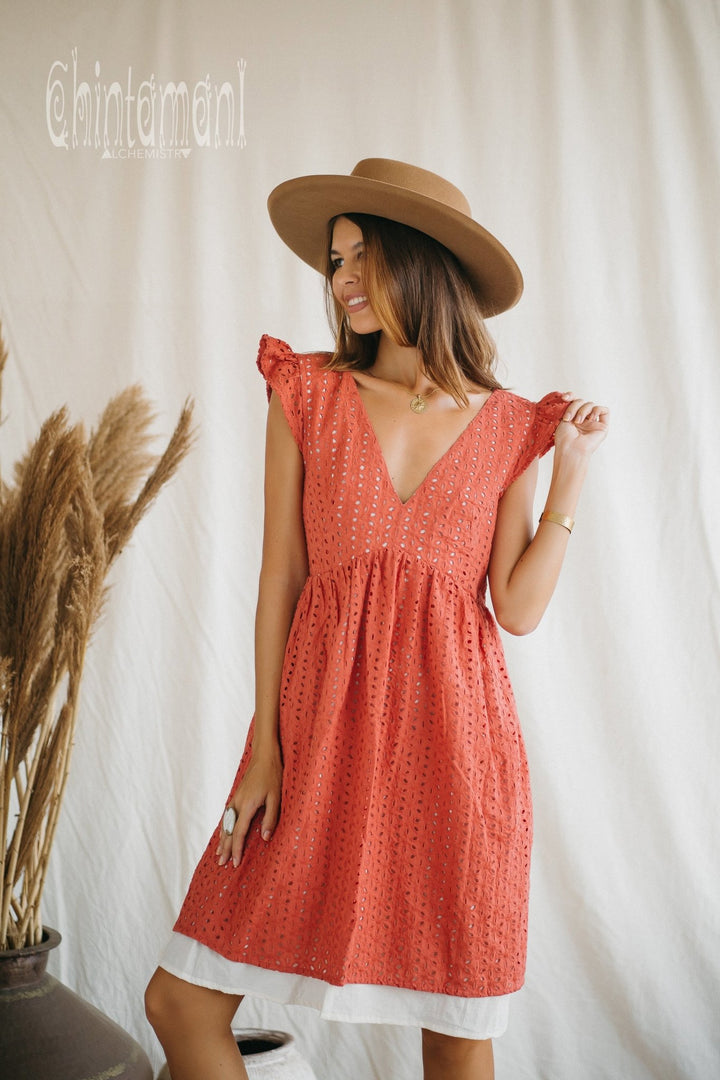 Certified Organic Cotton Mini Dress with Flower Eyelets / Coral Rose - ChintamaniAlchemi