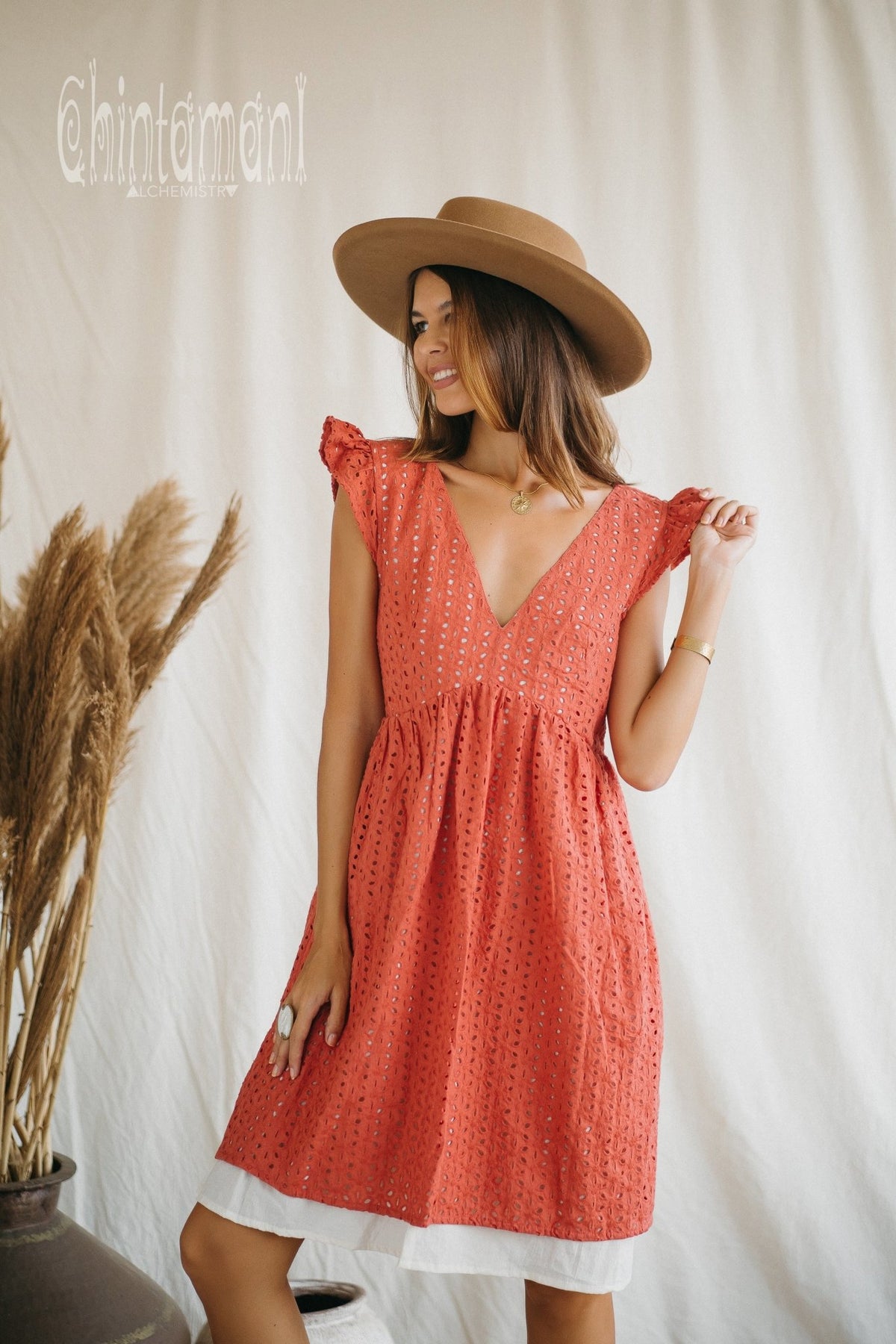 Certified Organic Cotton Mini Dress with Flower Eyelets / Coral Rose - ChintamaniAlchemi