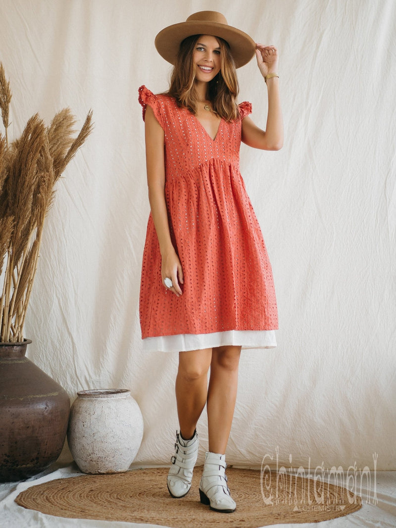 Certified Organic Cotton Mini Dress with Flower Eyelets / Coral Rose - ChintamaniAlchemi