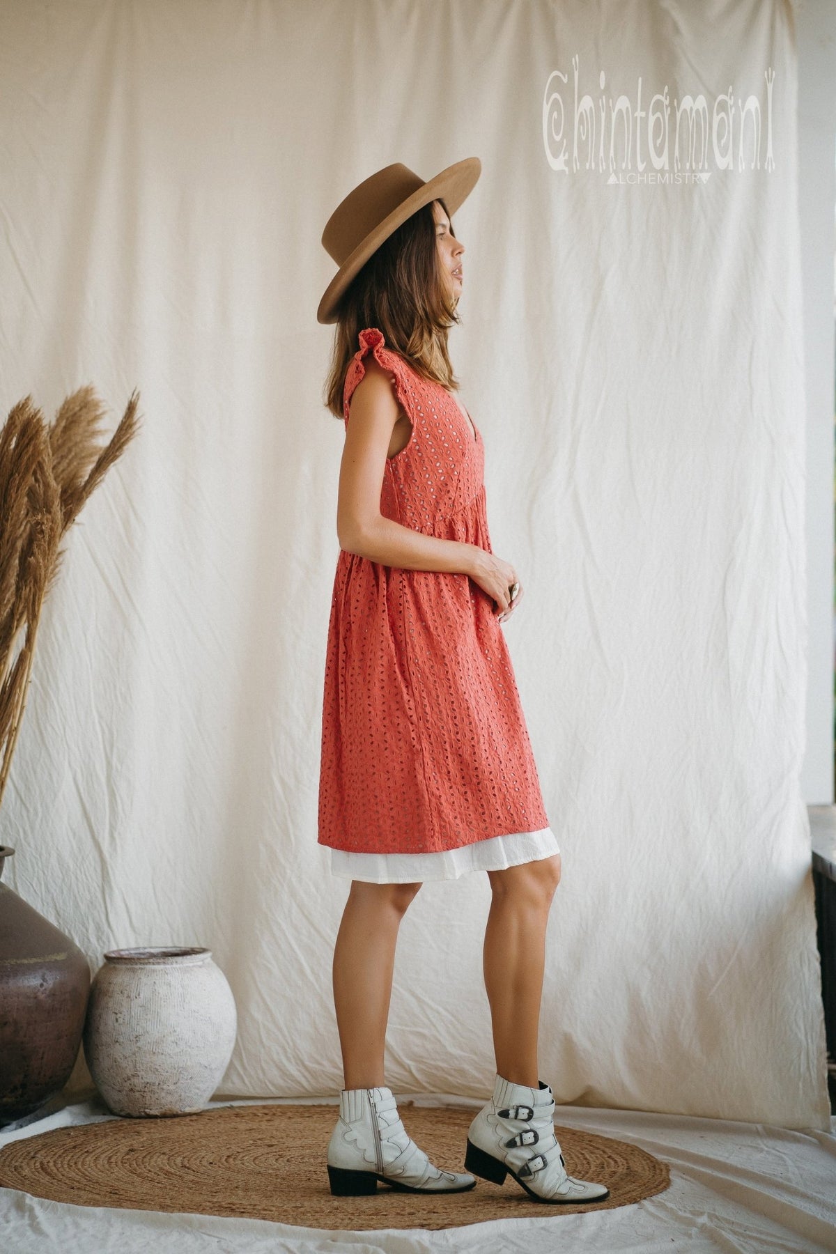 Certified Organic Cotton Mini Dress with Flower Eyelets / Coral Rose - ChintamaniAlchemi