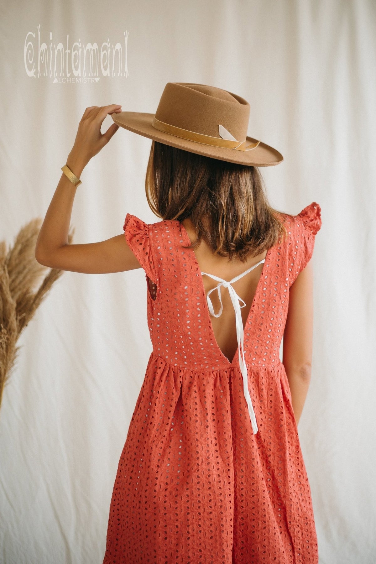 Certified Organic Cotton Mini Dress with Flower Eyelets / Coral Rose - ChintamaniAlchemi