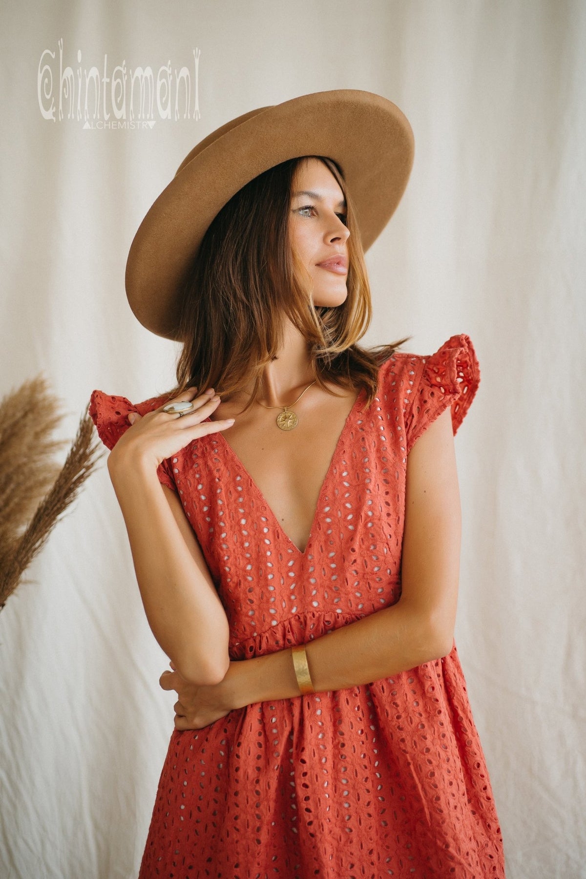 Certified Organic Cotton Mini Dress with Flower Eyelets / Coral Rose - ChintamaniAlchemi