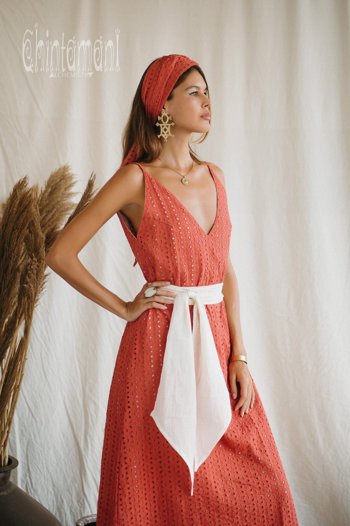 Certified Organic Cotton V Dress with Flower Eyelets / Coral Rose - ChintamaniAlchemi