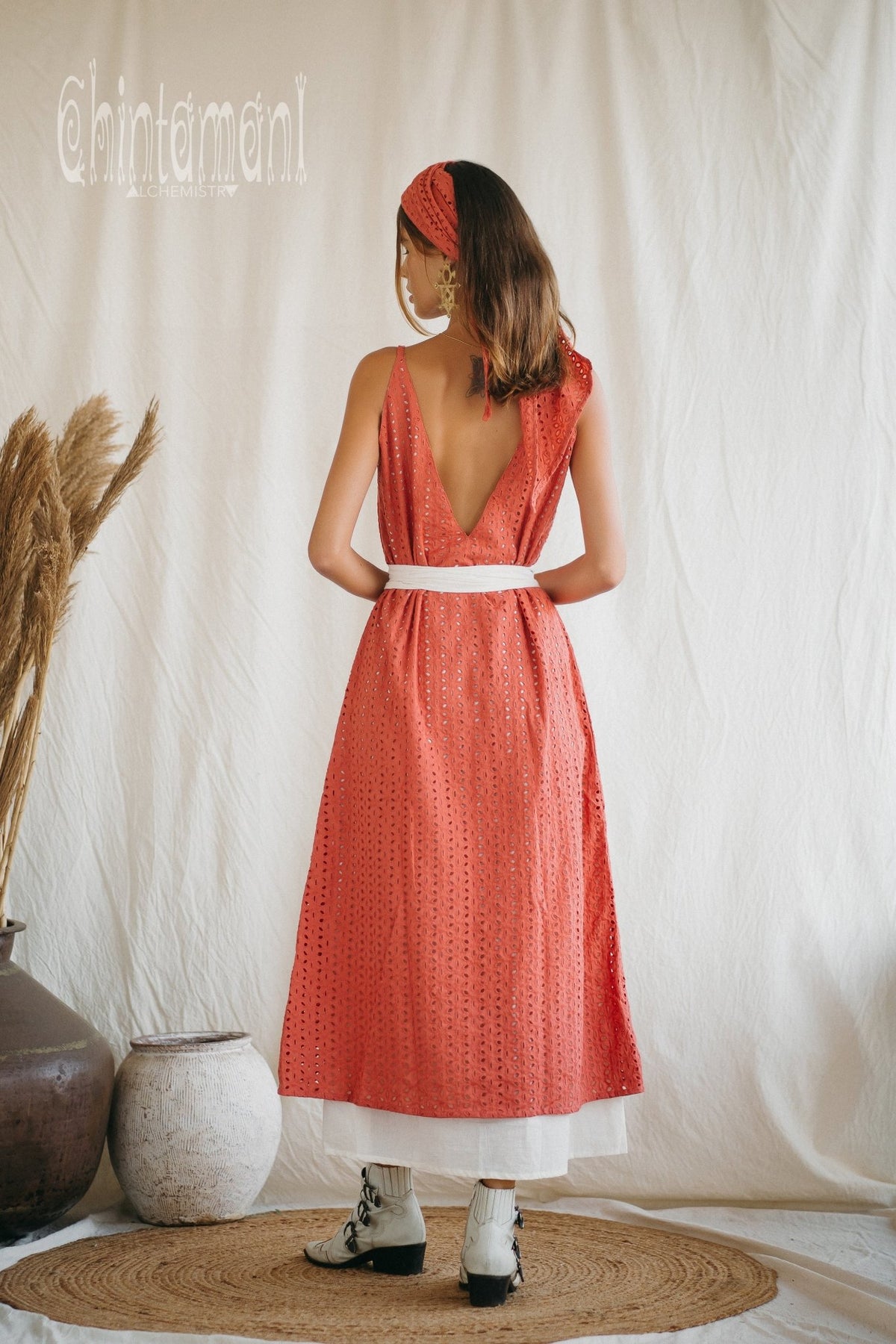 Certified Organic Cotton V Dress with Flower Eyelets / Coral Rose - ChintamaniAlchemi