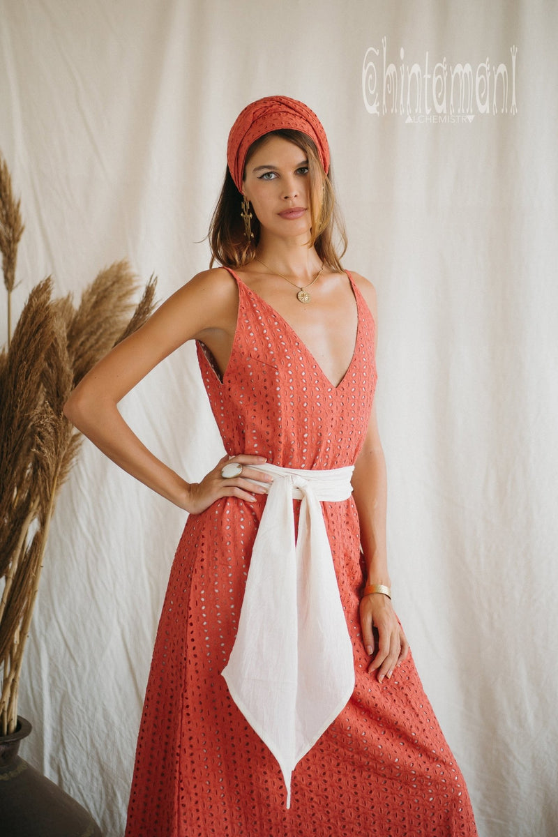 Certified Organic Cotton V Dress with Flower Eyelets / Coral Rose - ChintamaniAlchemi