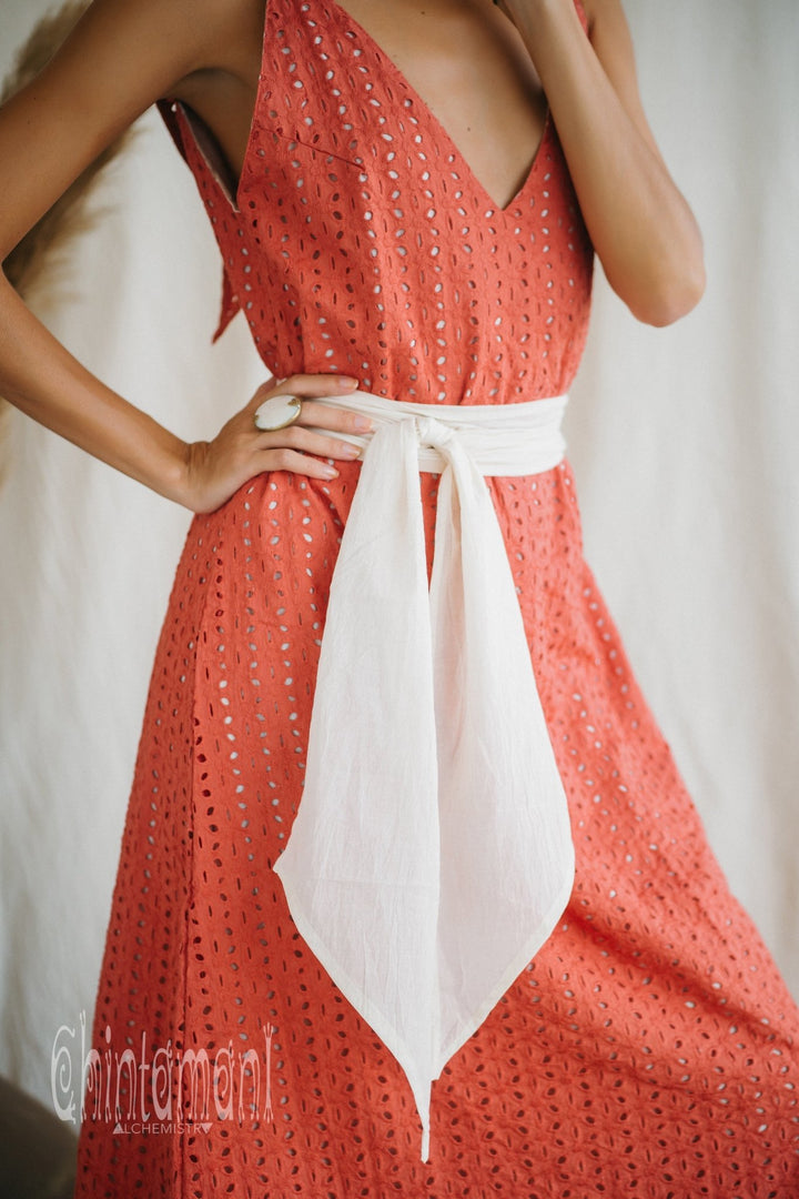 Certified Organic Cotton V Dress with Flower Eyelets / Coral Rose - ChintamaniAlchemi