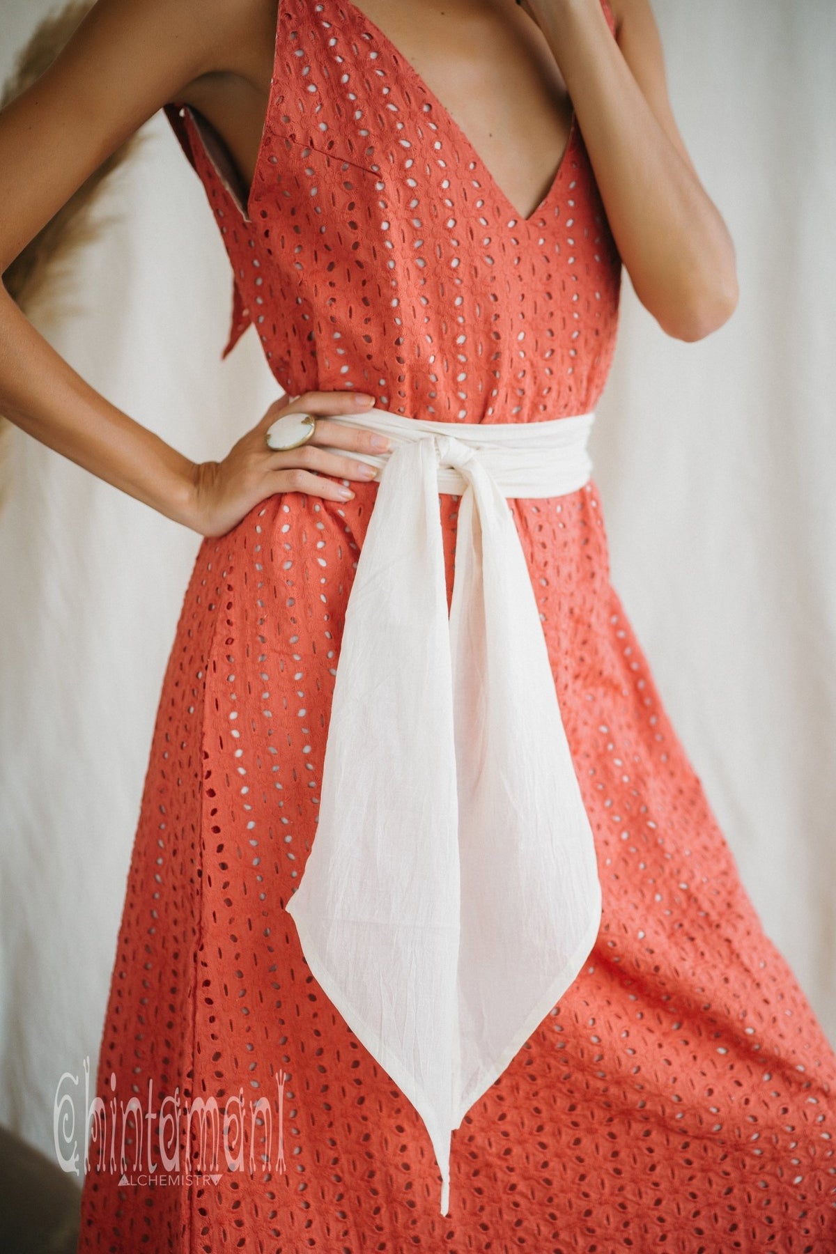 Certified Organic Cotton V Dress with Flower Eyelets / Coral Rose - ChintamaniAlchemi