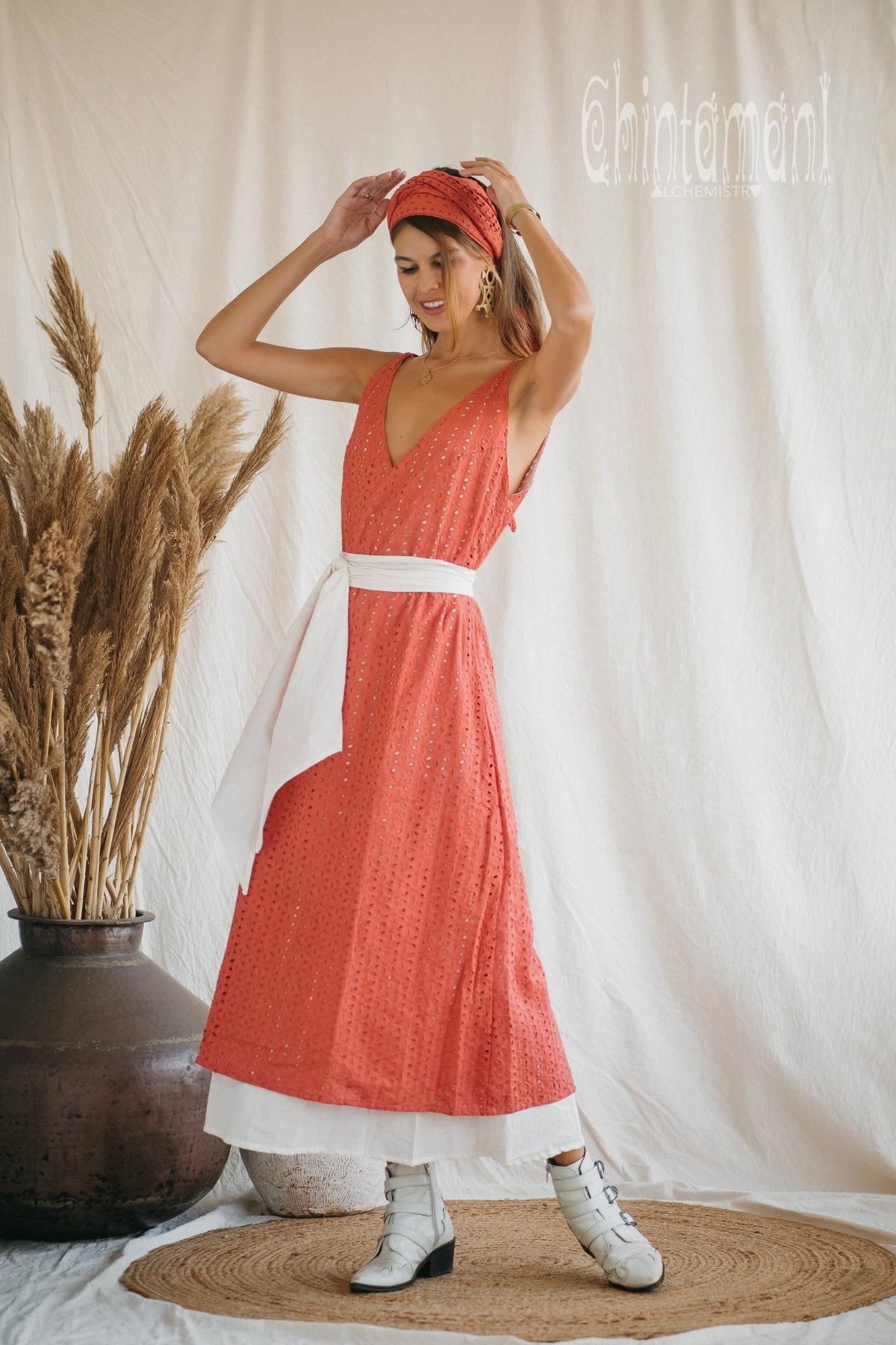 Certified Organic Cotton V Dress with Flower Eyelets / Coral Rose - ChintamaniAlchemi