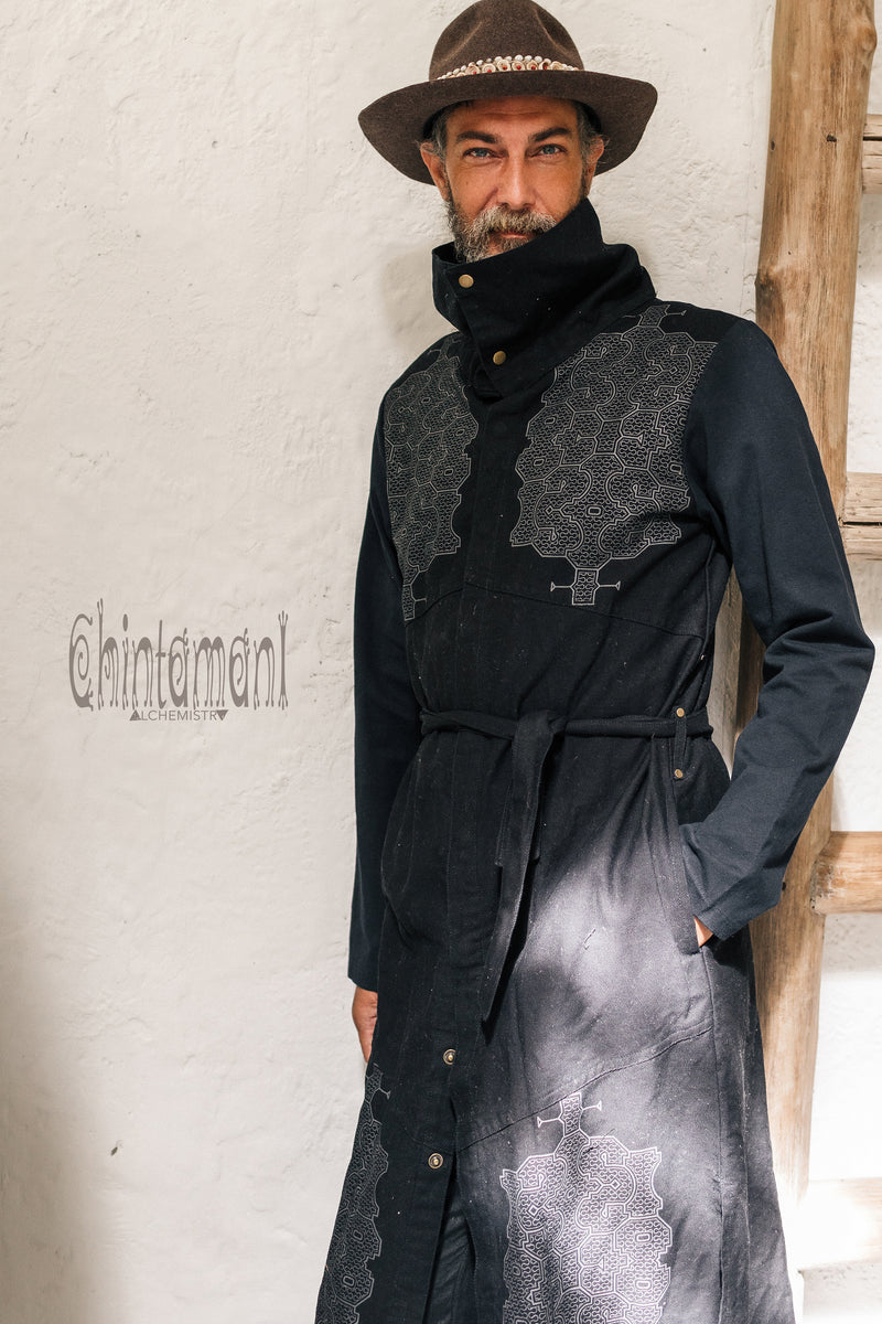 Cotton Canvas Mens Coat / Nomad Boho Cardigan Jacket with Shipibo Print / Black