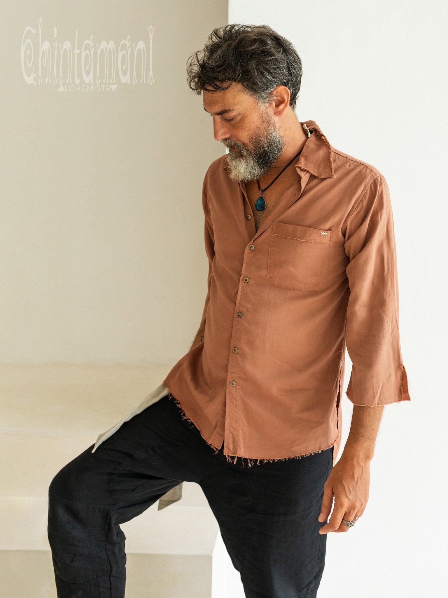 Cotton Boho Shirt for Men with 3/4 sleeves / Dusty Pink