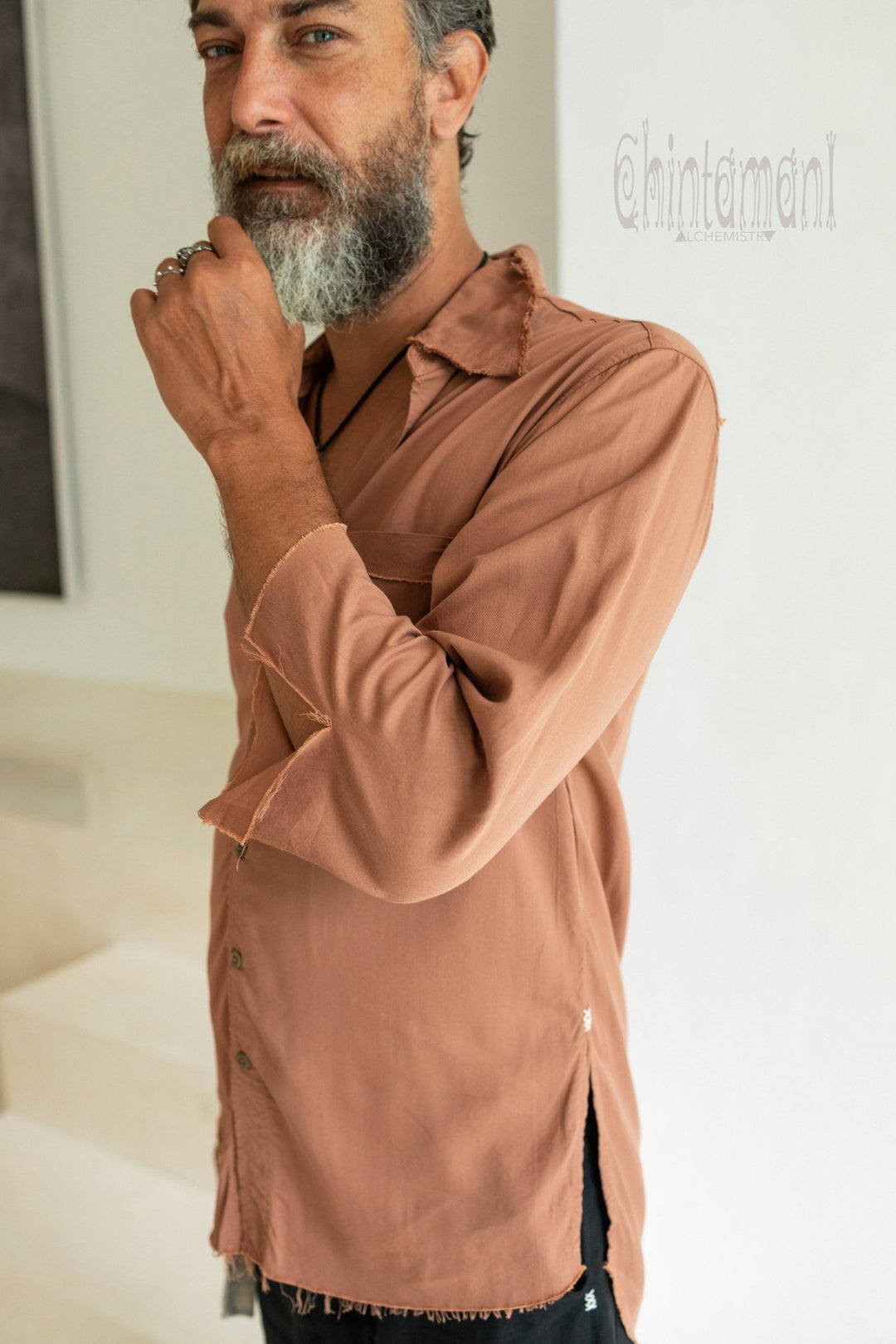 Cotton Boho Shirt for Men with 3/4 sleeves / Dusty Pink - ChintamaniAlchemi
