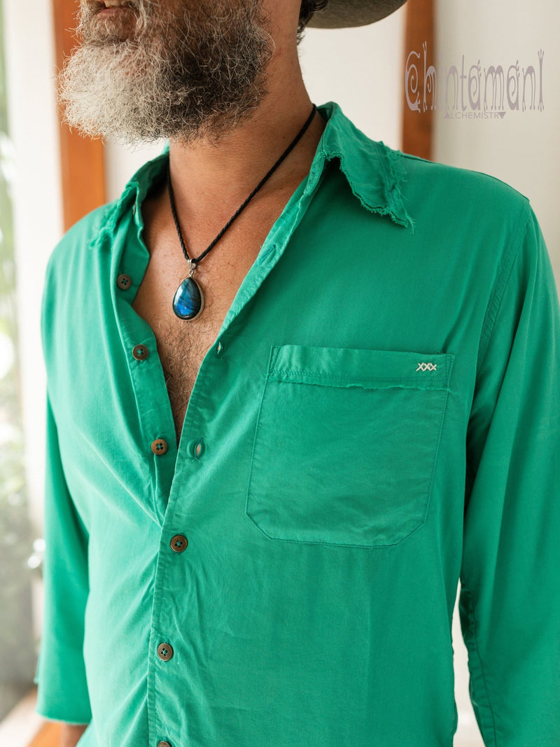Cotton Boho Shirt for Men with 3/4 sleeves / Green - ChintamaniAlchemi