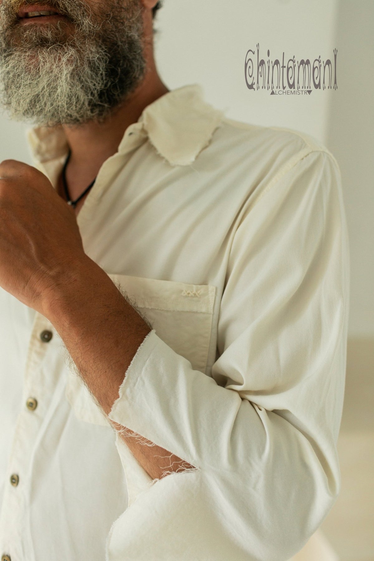 Cotton Boho Shirt for Men with 3/4 sleeves / Off White - ChintamaniAlchemi