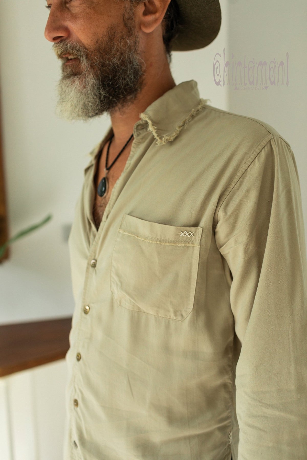 Cotton Boho Shirt for Men with 3/4 sleeves / Sage - ChintamaniAlchemi