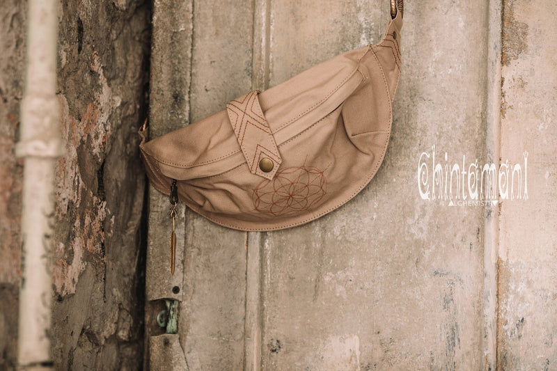 Cotton Canvas Banana Fanny Pack / Waist Bum Bag with Flower of Life Pattern / Beige - ChintamaniAlchemi