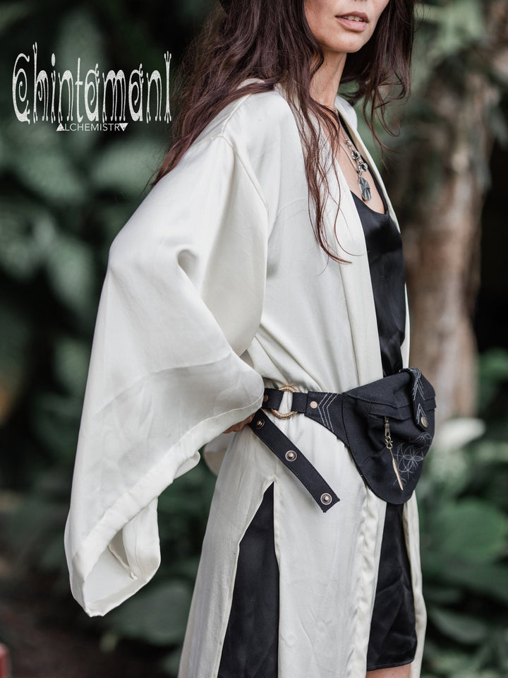 Cotton Canvas Banana Fanny Pack / Waist Bum Bag with Flower of Life Pattern / Black - ChintamaniAlchemi
