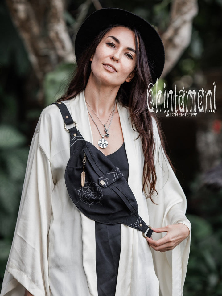 Cotton Canvas Banana Fanny Pack / Waist Bum Bag with Flower of Life Pattern / Black - ChintamaniAlchemi