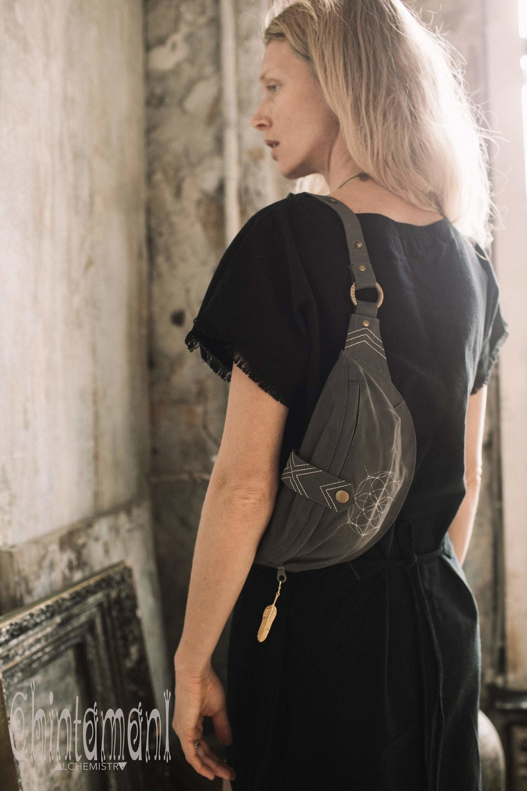 Cotton Canvas Banana Fanny Pack / Waist Bum Bag with Flower of Life Pattern / Dark Grey - ChintamaniAlchemi