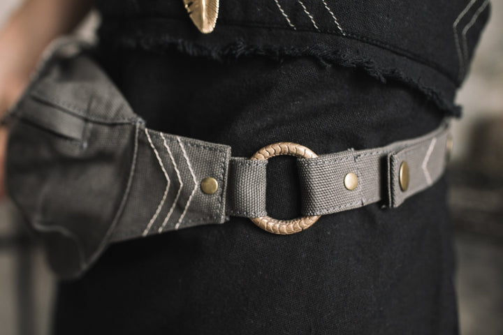 Cotton Canvas Banana Fanny Pack / Waist Bum Bag with Flower of Life Pattern / Dark Grey - ChintamaniAlchemi