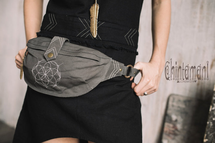 Cotton Canvas Banana Fanny Pack / Waist Bum Bag with Flower of Life Pattern / Dark Grey - ChintamaniAlchemi