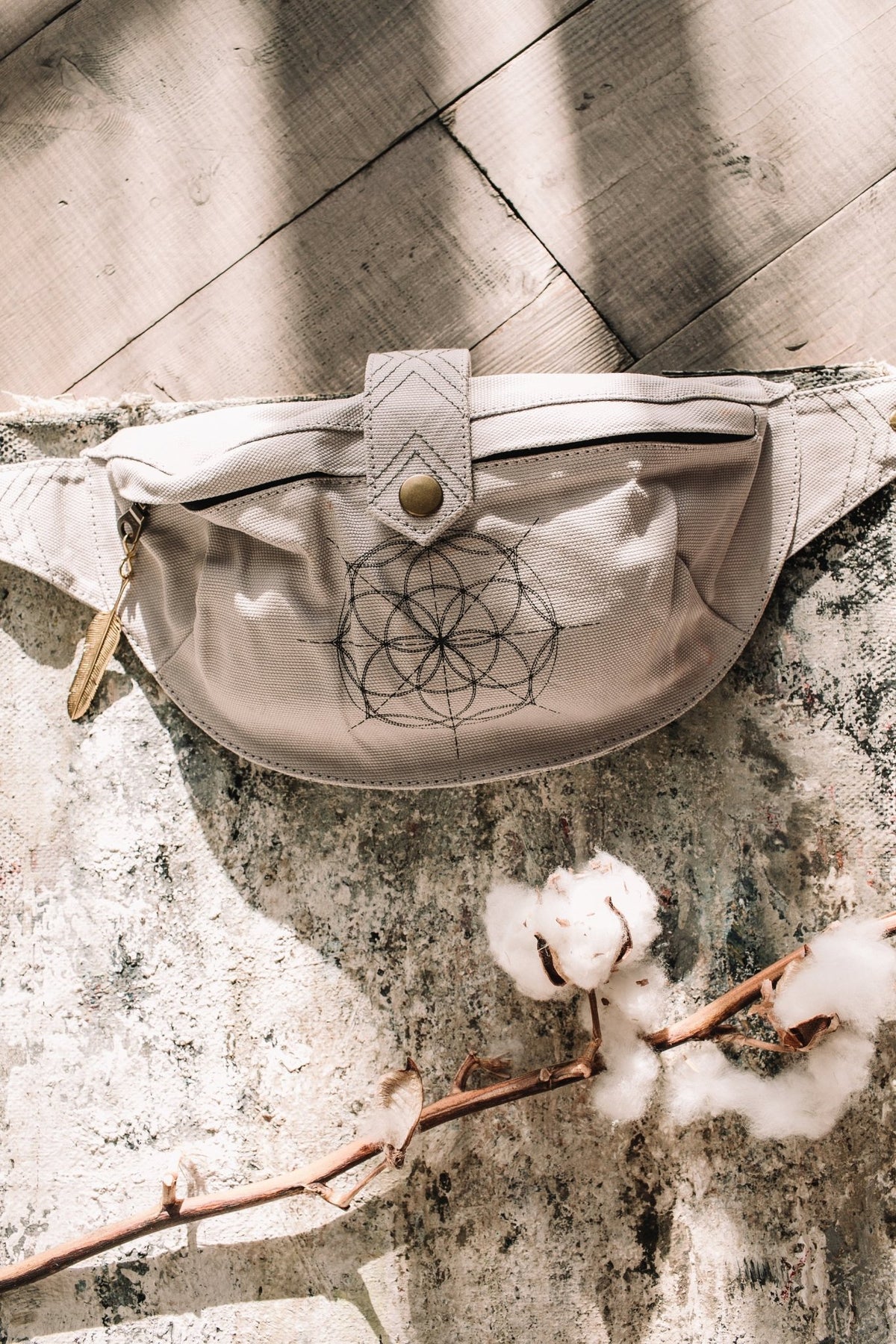 Cotton Canvas Banana Fanny Pack / Waist Bum Bag with Flower of Life Pattern / Light Grey - ChintamaniAlchemi