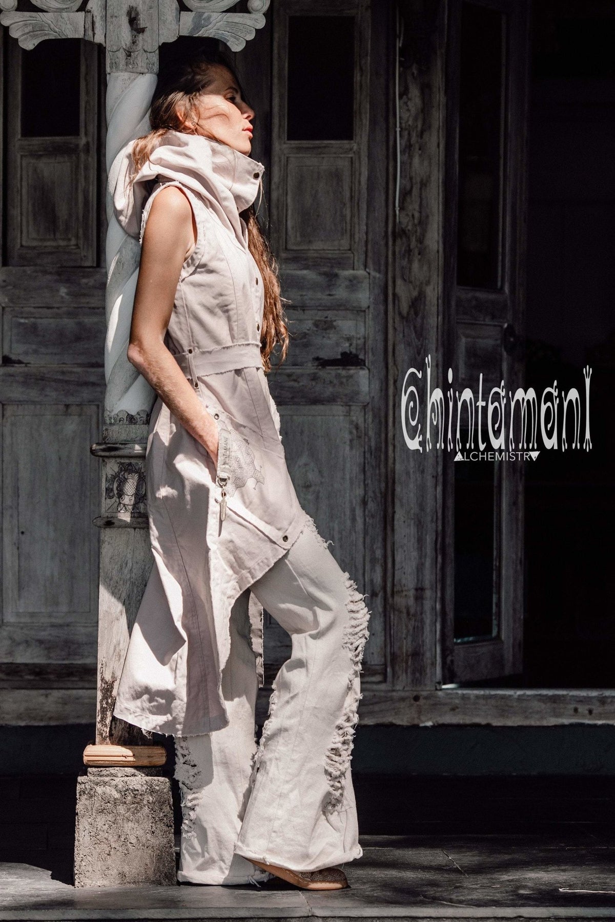 Cotton Canvas Long Frock Coat / Vest Jacket with Big Hood / Shipibo Print / Grey - ChintamaniAlchemi