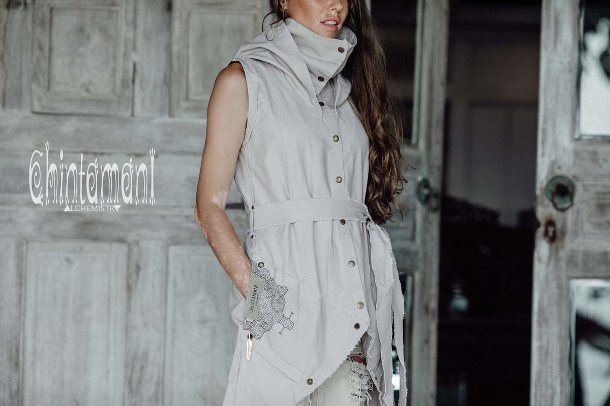 Cotton Canvas Long Frock Coat / Vest Jacket with Big Hood / Shipibo Print / Grey - ChintamaniAlchemi