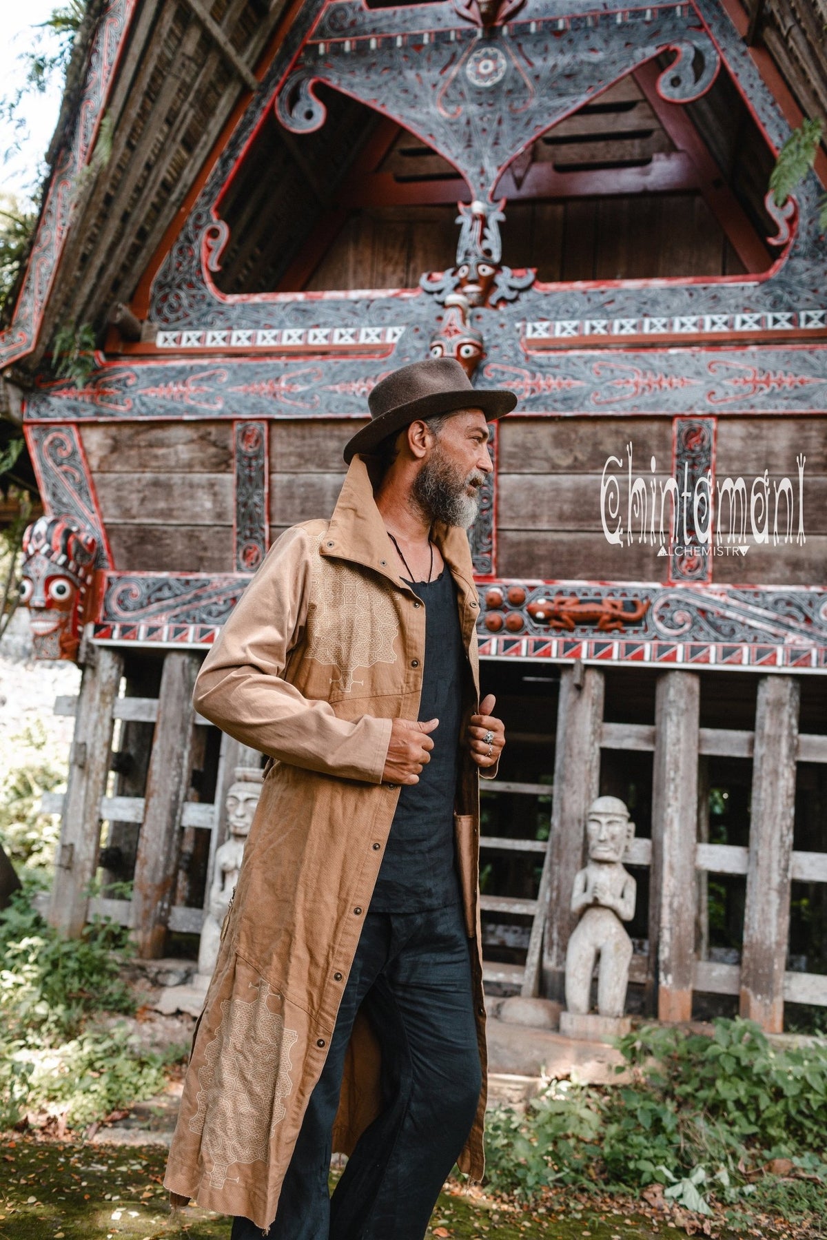 Cotton Canvas Mens Coat / Nomad Boho Cardigan Jacket with Shipibo Print / Beige - ChintamaniAlchemi