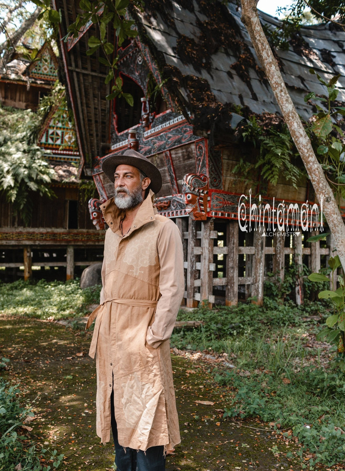 Cotton Canvas Mens Coat / Nomad Boho Cardigan Jacket with Shipibo Print / Beige - ChintamaniAlchemi