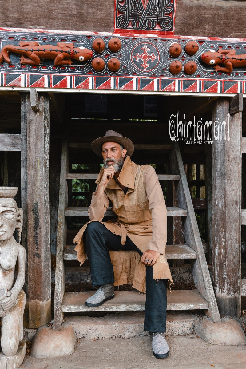 Cotton Canvas Mens Coat / Nomad Boho Cardigan Jacket with Shipibo Print / Beige - ChintamaniAlchemi