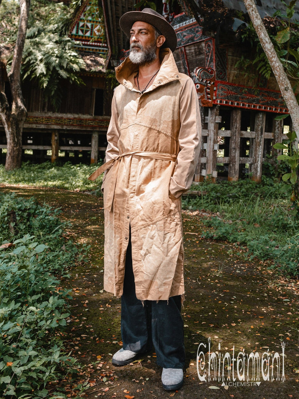 Cotton Canvas Mens Coat / Nomad Boho Cardigan Jacket with Shipibo Print / Beige - ChintamaniAlchemi