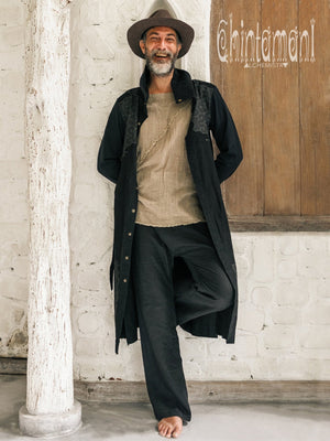 Cotton Canvas Mens Coat / Nomad Boho Cardigan Jacket with Shipibo Print / Black - ChintamaniAlchemi