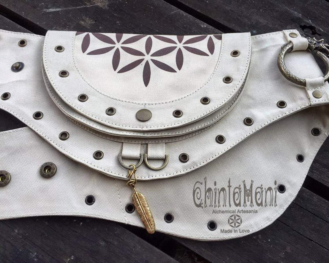 Cotton Canvas Pocket Hip Bag / Ibiza Goa Belt Bag / Flower of Life - ChintamaniAlchemi