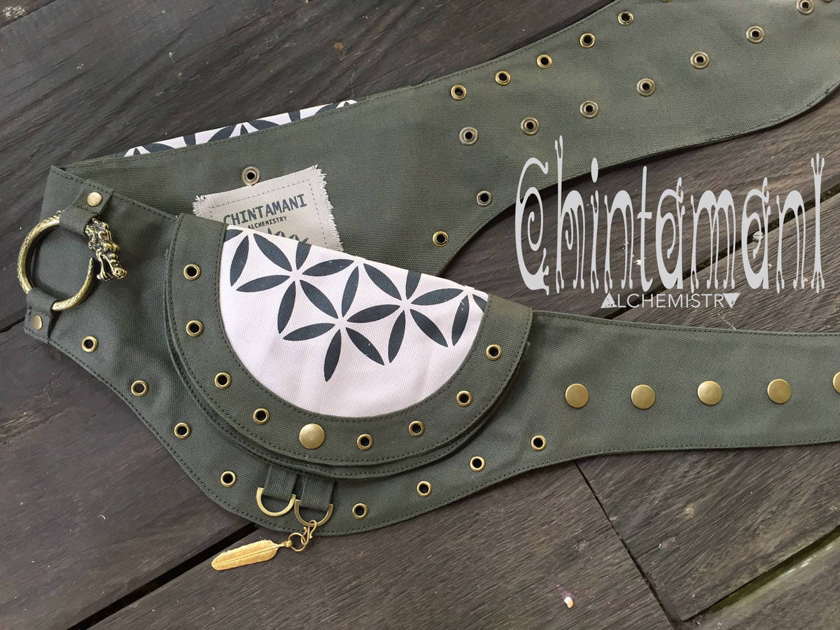 Cotton Canvas Pocket Hip Bag / Ibiza Goa Belt Bag / Flower of Life / Grey - ChintamaniAlchemi