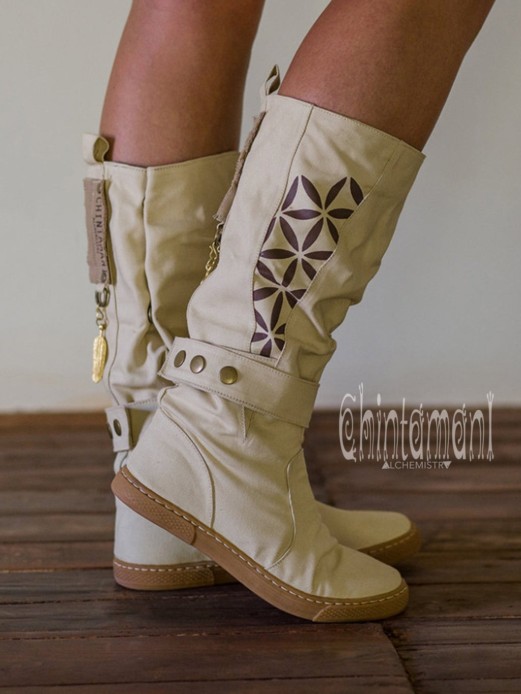 Cotton Canvas Vegan Boots / High Shoes with Flower of Life Print / Off White - ChintamaniAlchemi