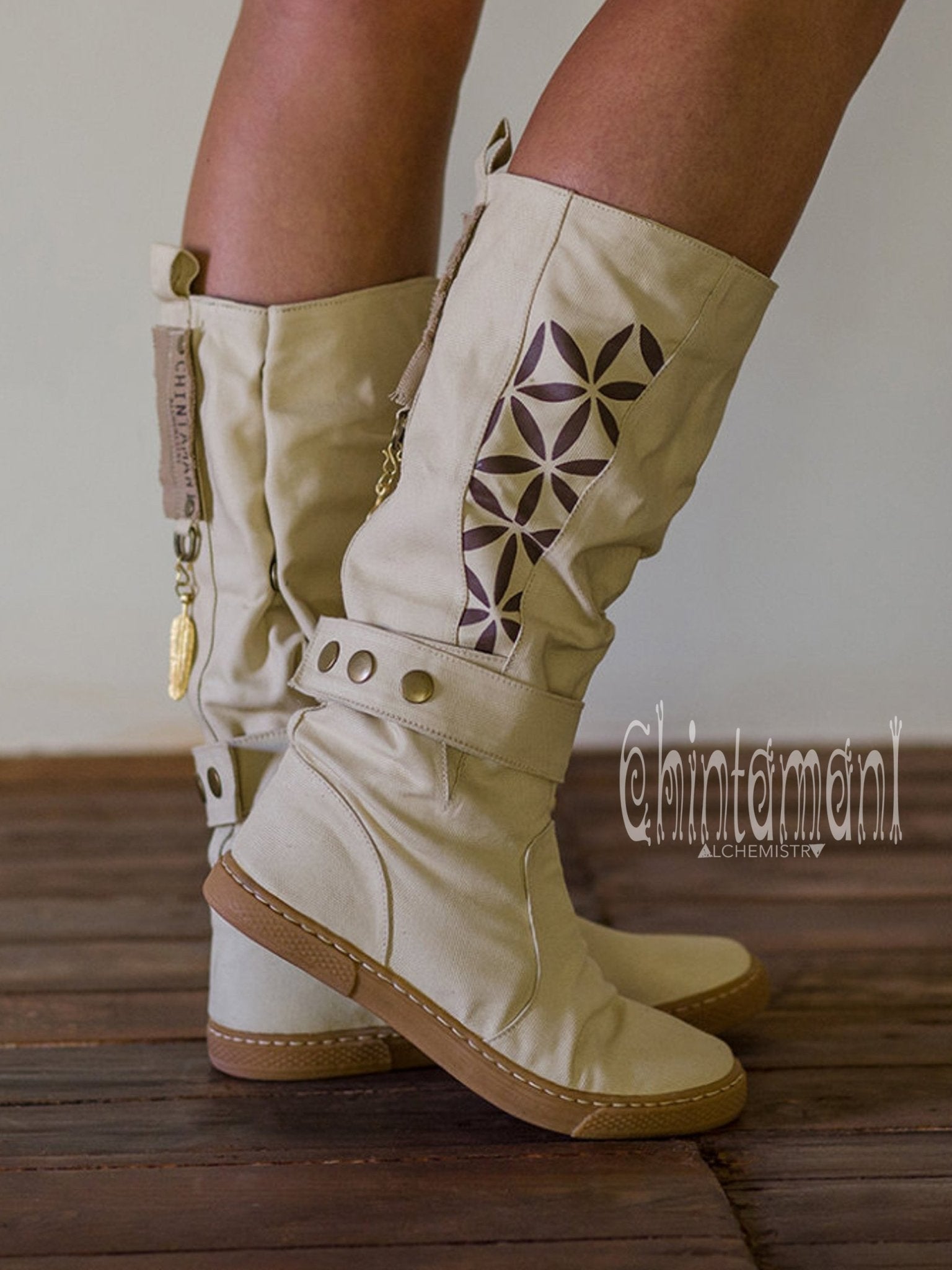 Cotton Canvas Vegan Boots / High Shoes with Flower of / Off – ChintamaniAlchemi