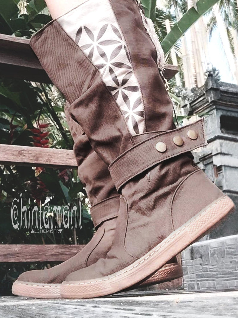 Cotton Canvas Vegan Boots / High Shoes with Flower of Life Print / Unisex Brown - ChintamaniAlchemi